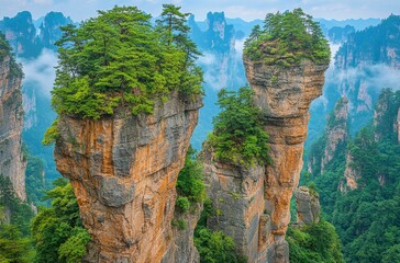 Misty towering sandstone pillars in lush green forest
