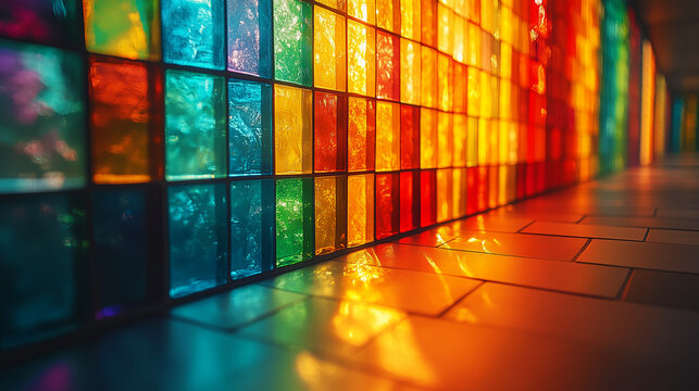 Dans une illustration architecturale, un mur en mosa&iuml;que de verre color&eacute; et tach&eacute;, semblable &agrave; un vitrail, diffuse la lumi&egrave;re &agrave; travers une d&eacute;coration vintage, m&ecirc;lant art et graffiti pour un effet uni