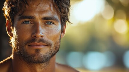 Close-up of a smiling man with tousled hair enjoying a sunny day outdoors, surrounded by natural light and soft bokeh effects - Powered by Adobe