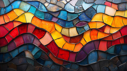 Dans une illustration architecturale, un mur en mosa&iuml;que de verre color&eacute; et tach&eacute;, semblable &agrave; un vitrail, diffuse la lumi&egrave;re &agrave; travers une d&eacute;coration vintage, m&ecirc;lant art et graffiti pour un effet uni