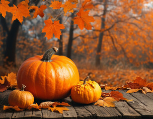 Kürbisse liegen auf einem Boden, umgeben von fallenden orangefarbenen Herbstblättern vor einem unscharfen Hintergrund. Platz für Text.  Generative KI