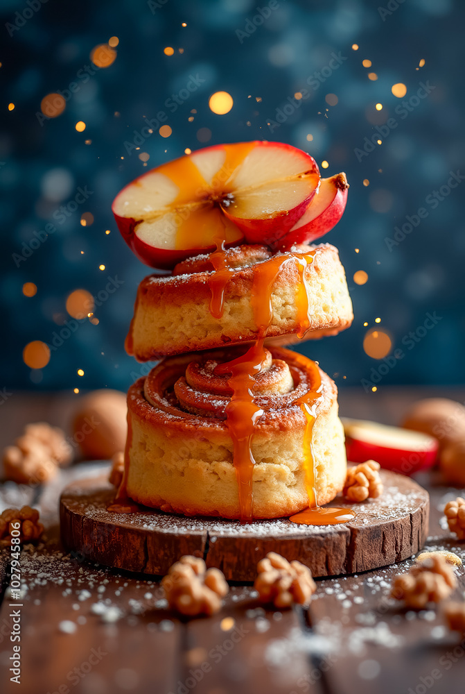 Poster a delightful tower of cinnamon rolls topped with caramel drizzle and fresh apple slices is surrounde