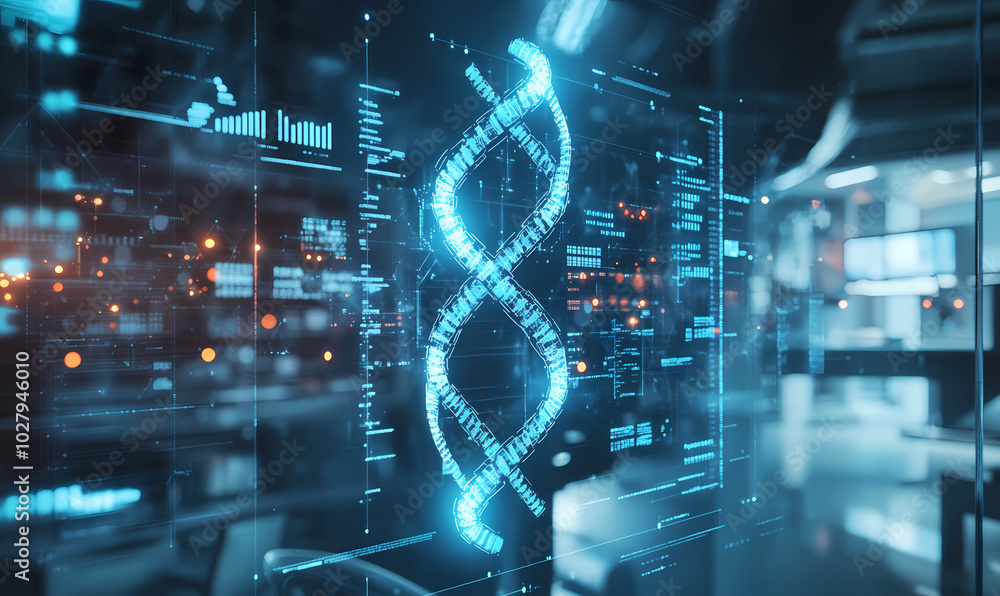 Poster digital double helix with dna strands and a digital globe, symbolizing advanced biotechnology in a s
