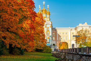 Resurrection church of Catherine palace in autumn, Pushkin (Tsarskoe Selo), Saint Petersburg, Russia