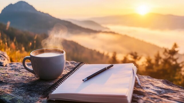 Steaming coffee cup and open notebook perched on rocky overlook, capturing breathtaking misty mountain sunrise view in golden morning light.