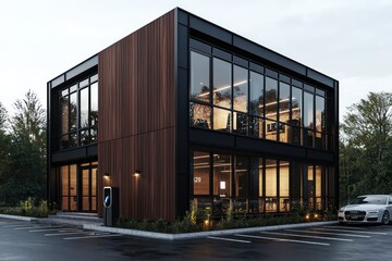 Architectural design of a modern office building with dark wood and black metal panels, large windows, located in a parking lot with electric car charging, in  ratio