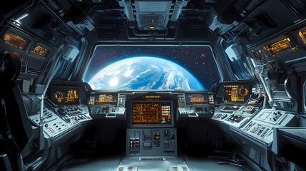 Fototapeta premium Spaceship interior with a view of the planet Earth from the cockpit, a sci-fi concept. Generative AI.