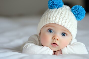 Adorable Baby in White Knitted Beanie with Blue Pom Poms