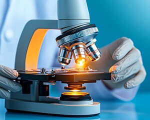 Scientist Holding Microscope with Illuminated Slide
