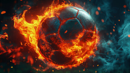A soccer ball is surrounded by fire and smoke. The ball is the main focus of the image, and the fire and smoke create a dramatic and intense atmosphere. The combination of the soccer ball