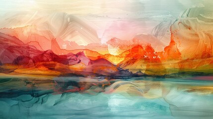 Fototapeta premium Abstract painting with vivid colors, depicting a mountain range at sunset with a lake in the foreground