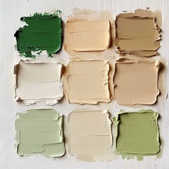Colorful paint swatches arranged in a square grid showcasing various earth tones and greens in a creative workspace