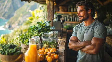 Obraz premium A man enjoys a healthy lifestyle while preparing fresh juices and dishes at an outdoor kitchen overlooking a scenic coastal view