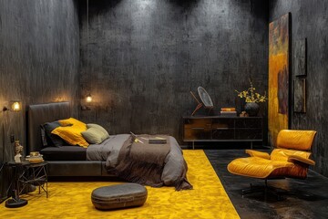 Bedroom with dark gray industrial walls, modern furniture on a yellow carpet, and black floor, captured in a  ratio