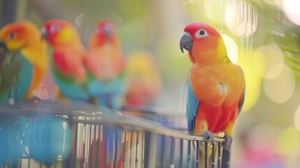 Brightly Colored Parrots Perch Inside