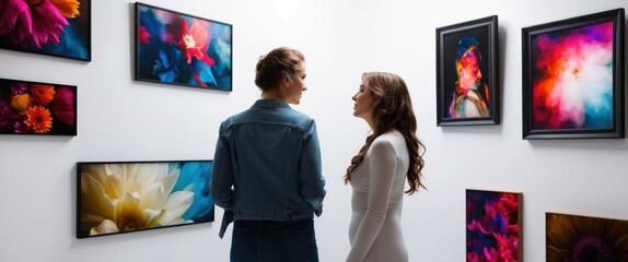 Two women engaging in conversation while observing vibrant flower-themed artwork in a modern art gallery.