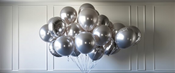 Group of shiny silver balloons arranged together, creating a festive and elegant atmosphere, perfect for parties, anniversaries, or celebrations.