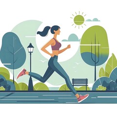 Flat-style illustration of a woman jogging through a park. Ideal for fitness, outdoor, and healthy lifestyle-themed designs. Simple and energetic composition, perfect for promoting physical activity