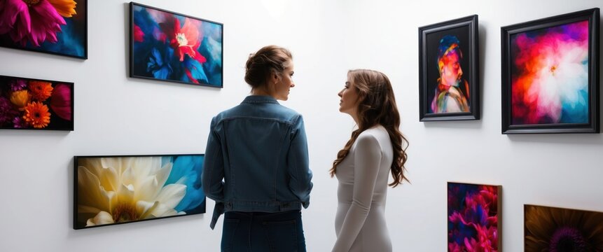 Two women engaging in conversation while observing vibrant flower-themed artwork in a modern art gallery.