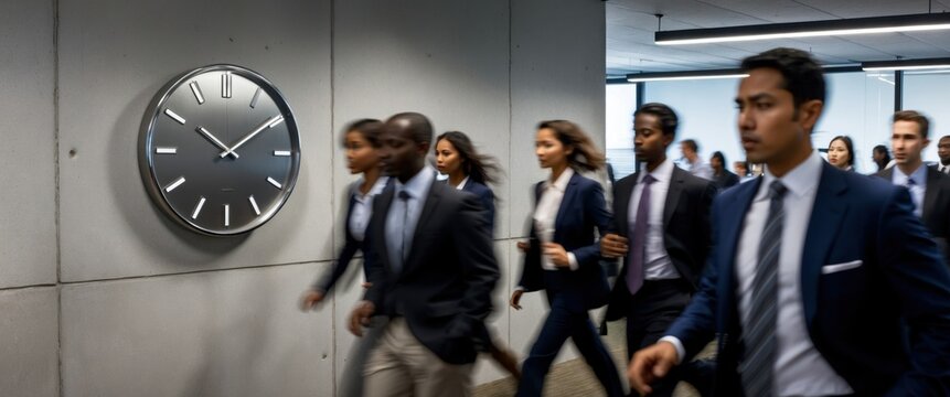 Busy professionals walking in modern office environment, emphasizing urgency, teamwork, and business dynamics in corporate setting.
