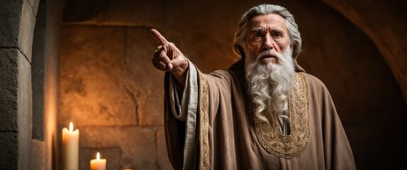 Naklejka premium Old man with a beard gestures dramatically in a medieval setting with candles, embodying wisdom and authority in a mystical atmosphere.