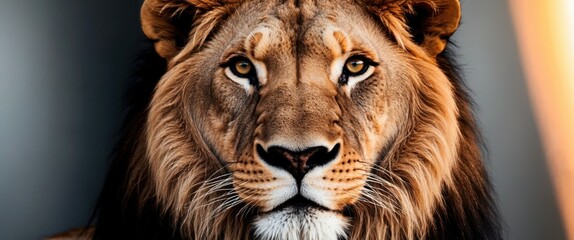 Naklejka premium Stunning close-up portrait of lion showcases majestic features and intense eyes, symbolizing strength and power in the wildlife realm.
