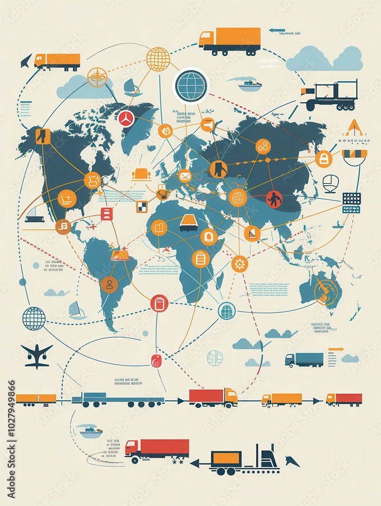 Fototapete the illustrated global map highlights various transport routes linking different regions, featuring 