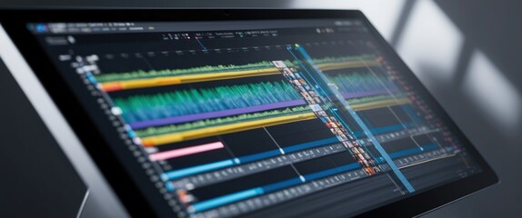 Fototapeta premium Digital editing screen showcasing audio tracks and waveforms, ideal for music production or sound engineering in creative environments.