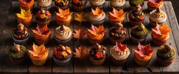 Rows of delightful autumn-themed cupcakes adorned with colorful leaves and acorns, perfect for fall celebrations and seasonal events.