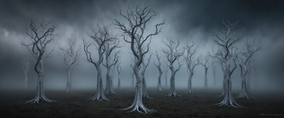 Obraz premium Eerie landscape of bare trees shrouded in fog, creating a mysterious and haunting atmosphere filled with shadows and serenity.