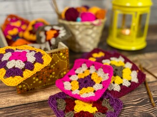 Multicolor crochet granny squares handmade decor motives set collection handiwork hobby cozy photo