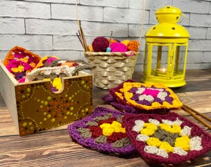 Multicolor crochet granny squares handmade decor motives set collection handiwork hobby cozy photo
