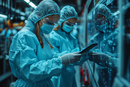 Dans l'h&ocirc;pital, une femme docteur en blouse explore le laboratoire, pr&eacute;parant une op&eacute;ration avec soin, son masque refl&eacute;tant son d&eacute;vouement.