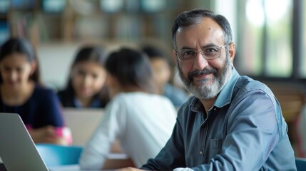 Obraz premium A Middle Eastern male teacher in his 50s interacts with high school students using a laptop in a well-equipped classroom fostering a dynamic learning environment