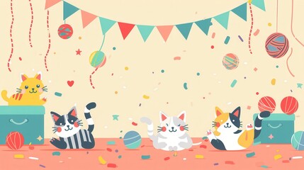 Obraz premium Four playful cats are enjoying their time with various colorful yarn balls and toys in a cheerful and decorated environment. Generative AI