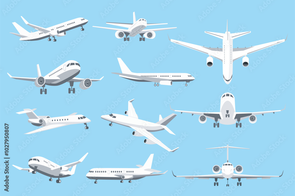 Aufkleber Airplanes in different angles mega set elements in flat graphic design. Collection objects of air transport in front, side, top and back view. Passenger or cargo plane flight. Vector illustration.