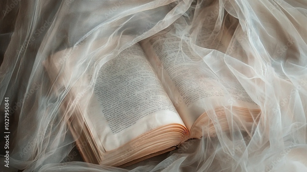 Poster an open book resting atop a white netted bed with a light background