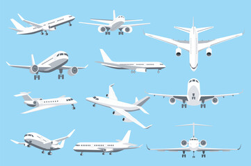 Airplanes in different angles mega set elements in flat graphic design. Collection objects of air transport in front, side, top and back view. Passenger or cargo plane flight. Vector illustration. © alexdndz