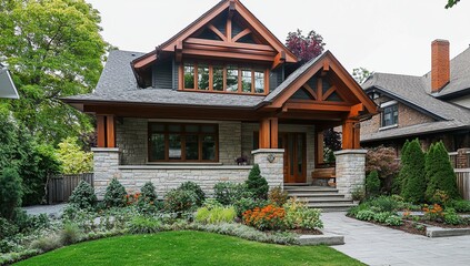 Photo of a craftsman-style home with stone and wood accents, and front yard landscaping