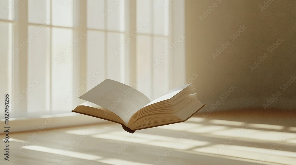 Poster an open book floats in the air in front of a window, with sunlight streaming through the window pane
