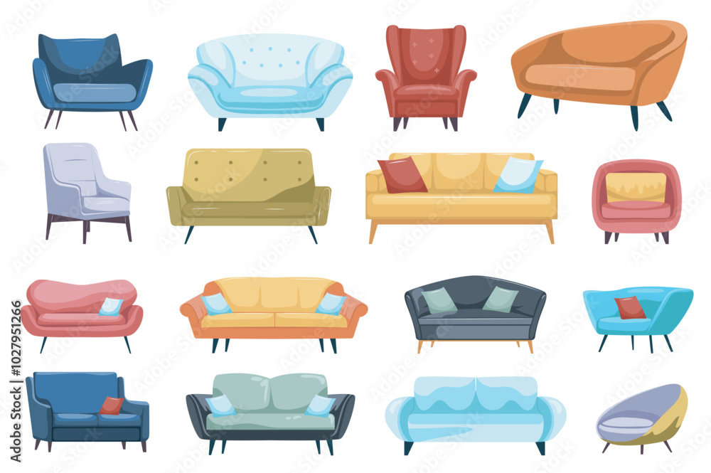 Poster Sofas and armchairs mega set elements in flat graphic design. Collection objects of different styles and colors couches, ottomans and chairs with pillows. Home interior furniture. Vector illustration.
