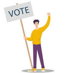 Fototapeta premium Young man, activist calls to vote. Banner for election. Vector illustration
