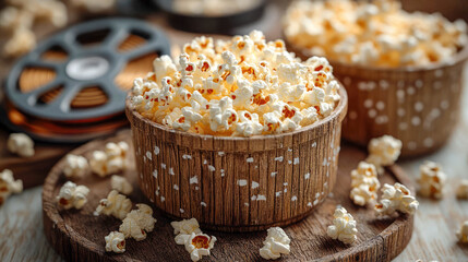 Buckets filled with buttery popcorn next to a film reel on a wooden surface, perfect for cinema nights and movie-time snacks. A cozy setup for a home theater experience