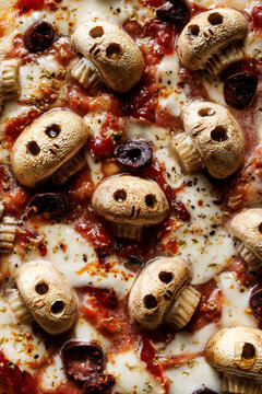 Naklejki Close-up of Halloween Skull Mushroom Pizza