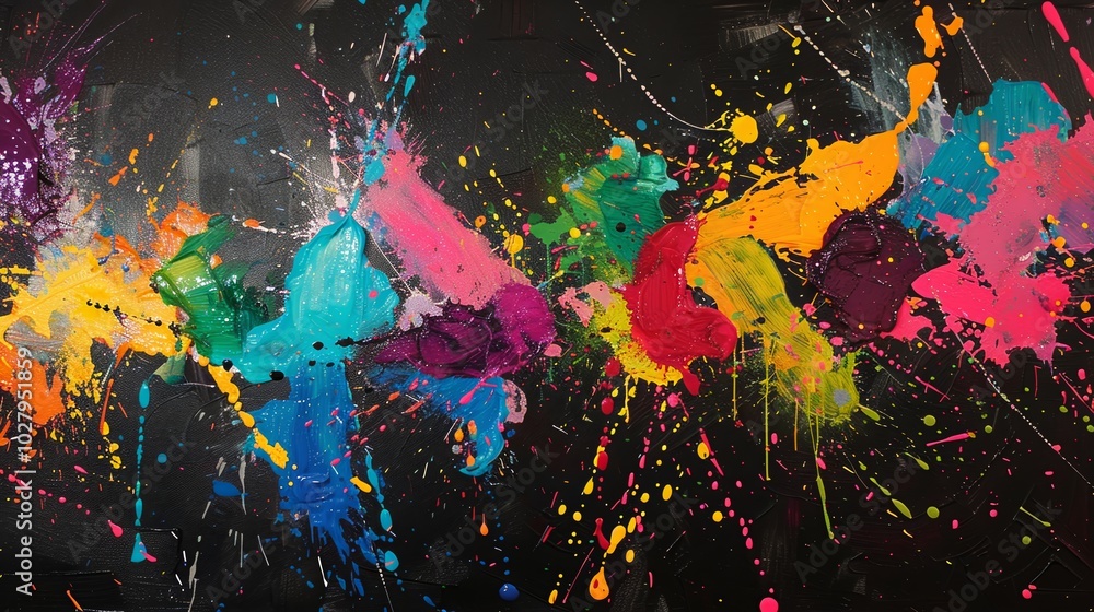 Poster colorful paint splattering on a black background, creating an abstract and artistic expression