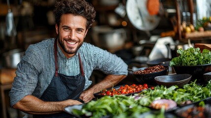 A smiling chef showcases freshly harvested vegetables at a local market during a sunny day, promoting healthy eating choices