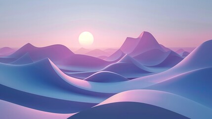Abstract purple and blue hills landscape with the sun shining in a pastel colored sky