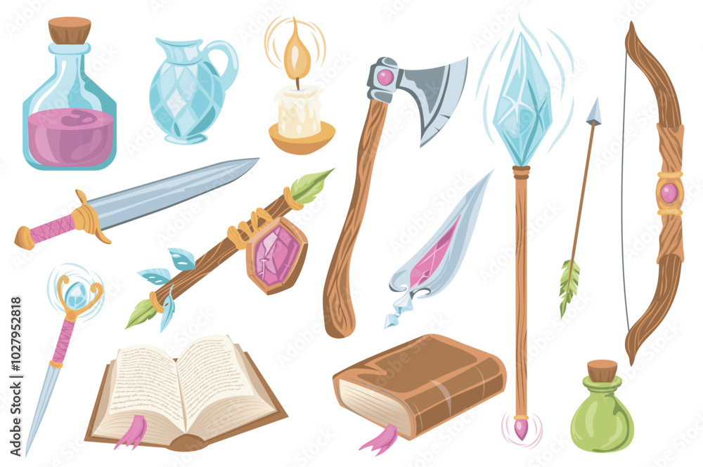Poster fantasy magic weapons mega set elements in flat graphic design. collection objects of potion bottles