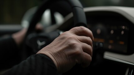 Close-up of hands gripping steering wheel for focused driving experience