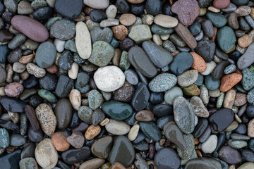 colorful small sea stone pebble background on the sea shore. Multicolored abstract beach nature wallpaper